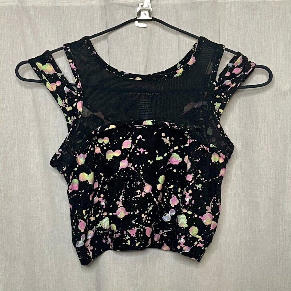 Feathers Women's Black & Neon Splatter Print Cropped Tank, Mesh & Fabric Sz S - Picture 2 of 10